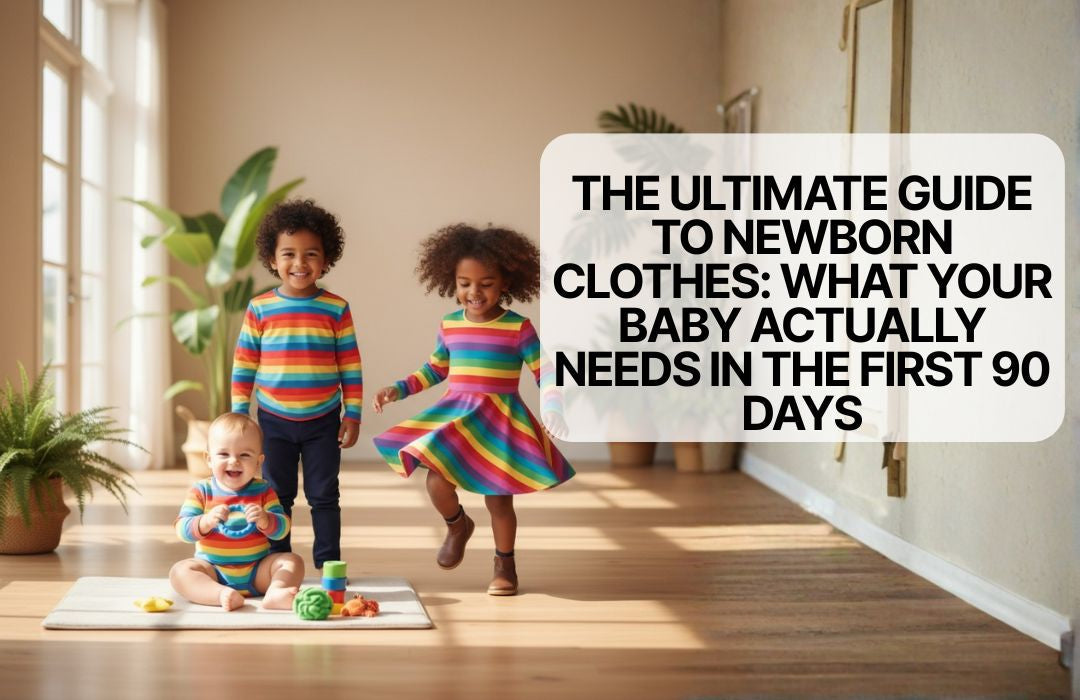 Three children playing in rainbow cotton clothes