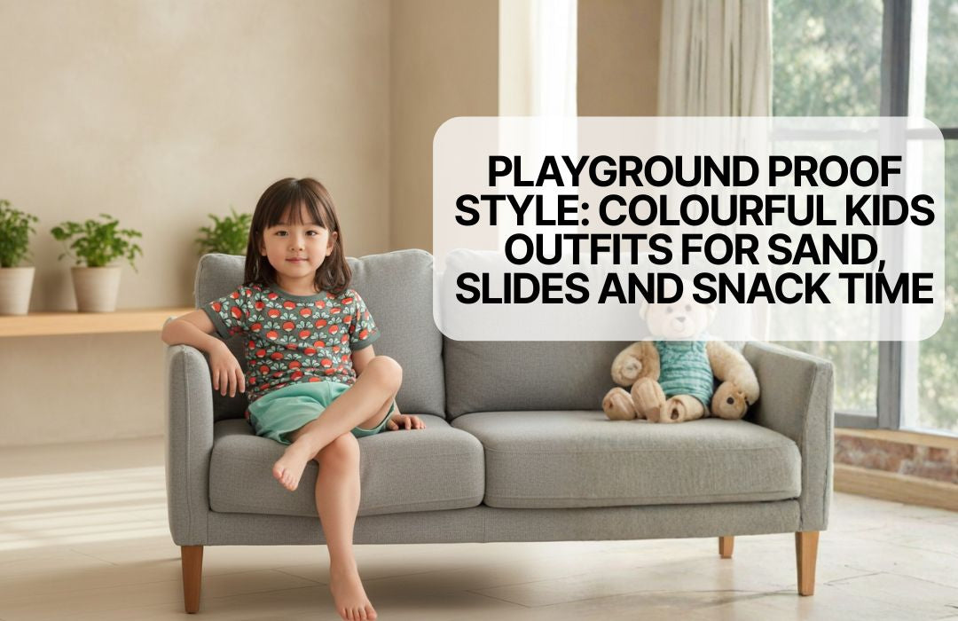 Young girl in colorful outfit sitting barefoot on gray sofa next to teddy bear in bright room