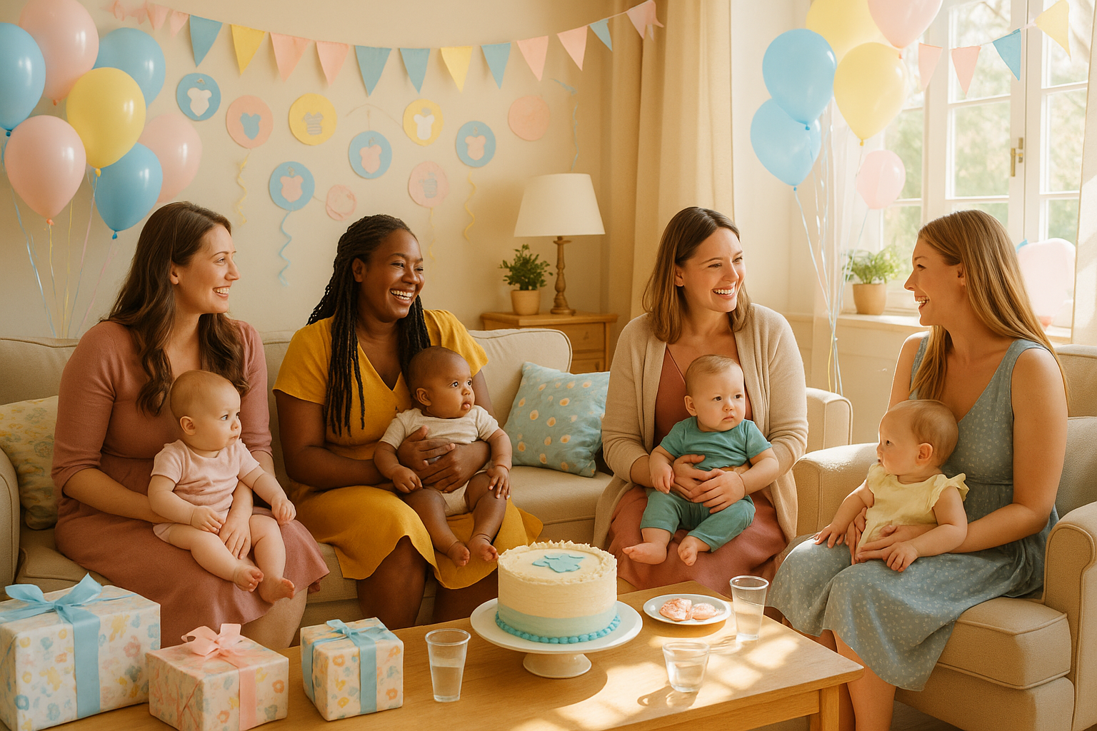 A group of mothers at a baby shower with their babies