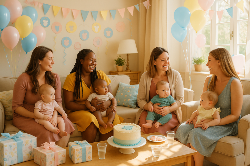 A group of mothers at a baby shower with their babies
