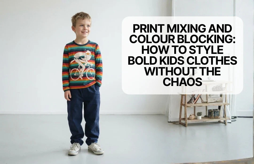 Boy in bright organic clothes