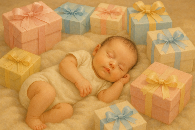 A newborn baby surrounded by many gifts