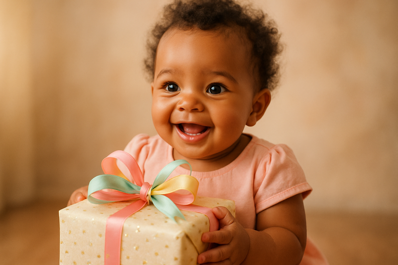 A baby girl holding her gift with a big smile