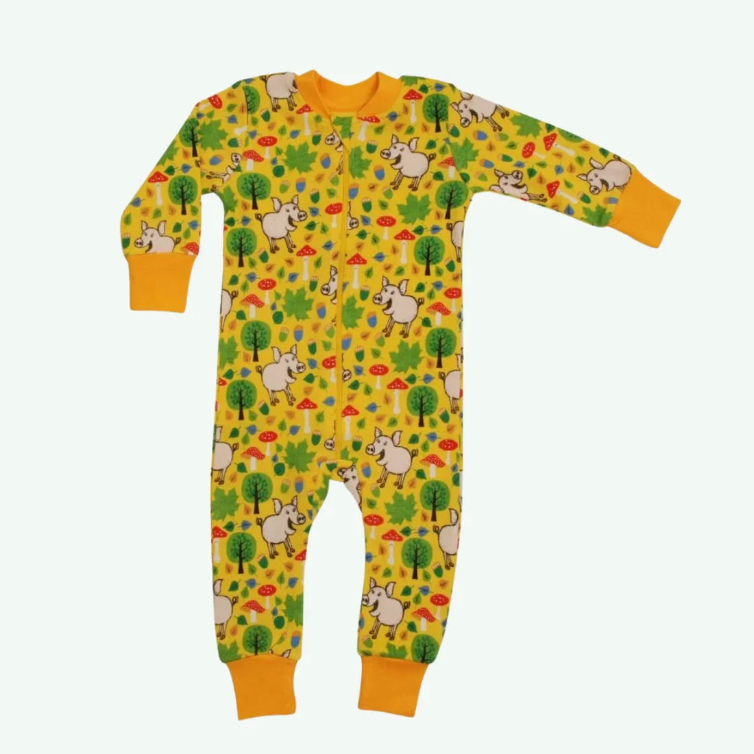 DUNS Sweden Pigs and Acorns GOTS-certified organic cotton zip suit for babies