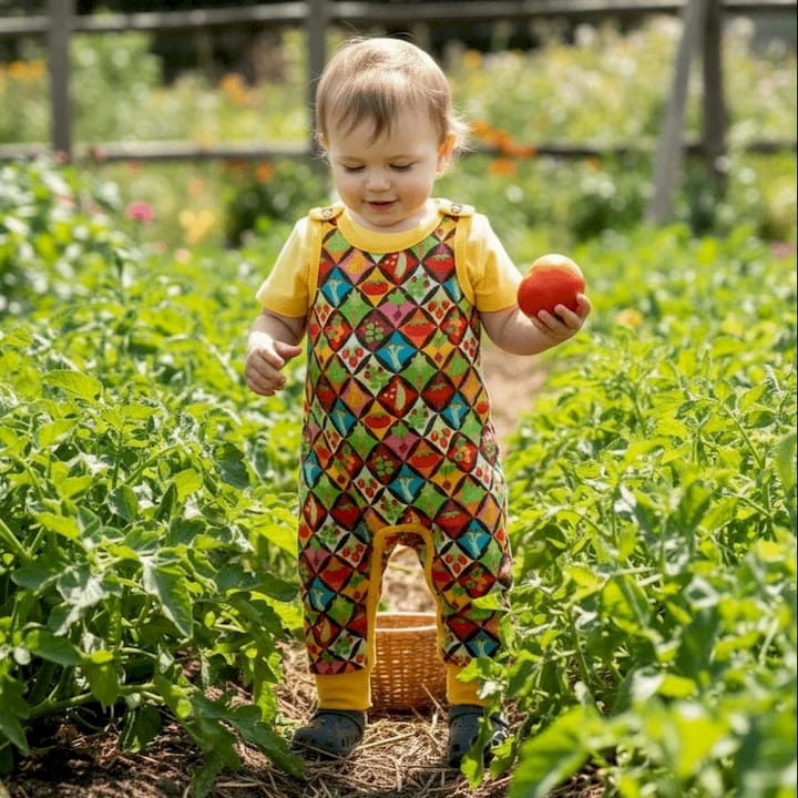 A toddler wearing a colorful dugarees with yellow sleeves and cuffs, 