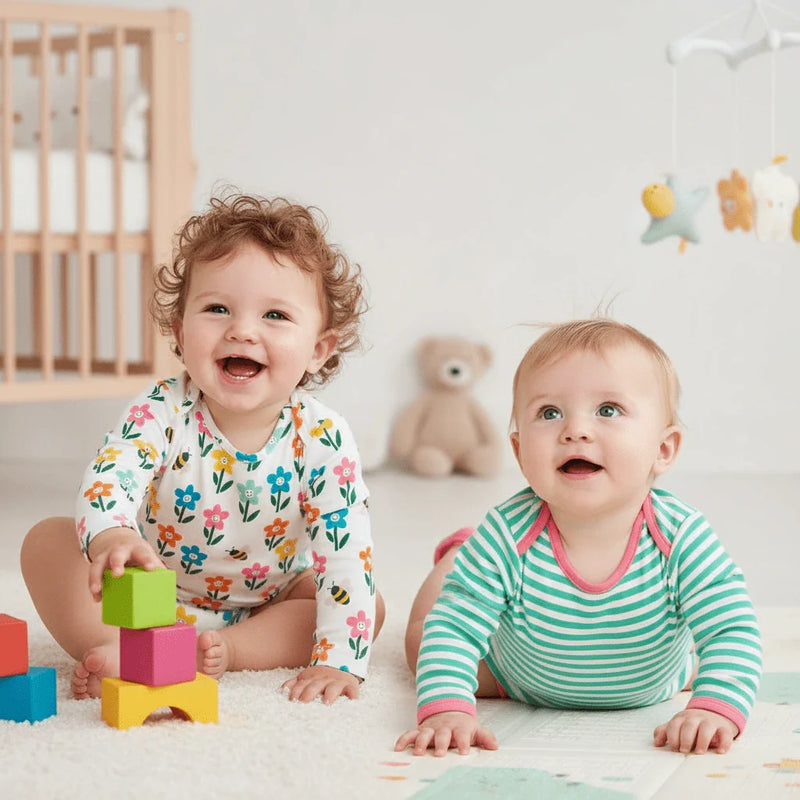 Two babies wearing organic bodysuits with bright patterns