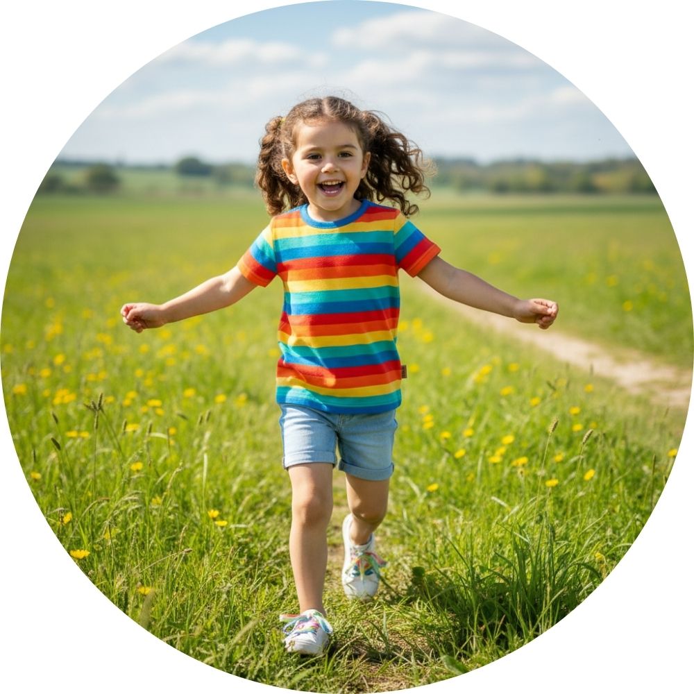 Girl in a field wearing a bright colourful rainbow t-shirt form Frugi