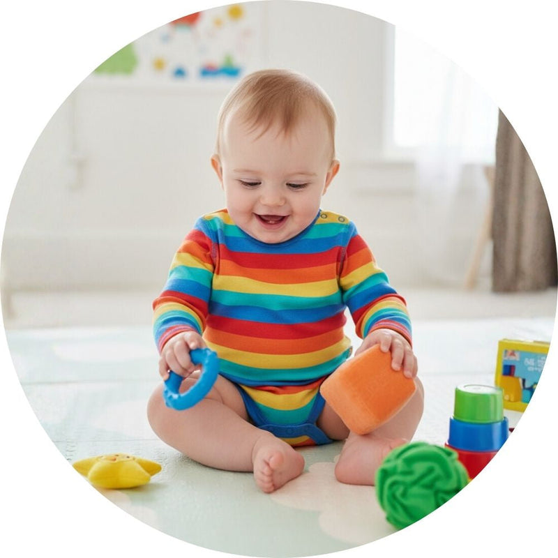 Baby in bright rainbow outfit playing with blocks