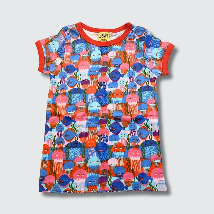A short-sleeve kids' t-shirt with a colorful jellyfish pattern