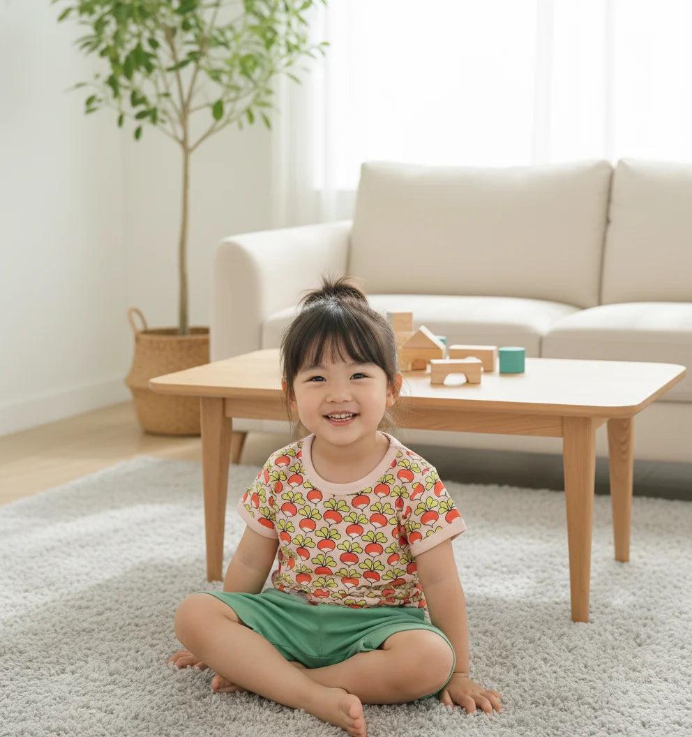 Child sitting on the floor in a living room with a couch and coffee table in the background.