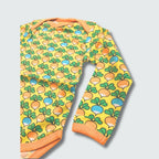 Multi radish print long sleeve bodysuit in yellow cream with radiant yellow trim, DUNS Sweden – infant yellow onesie, newborn clothing summer