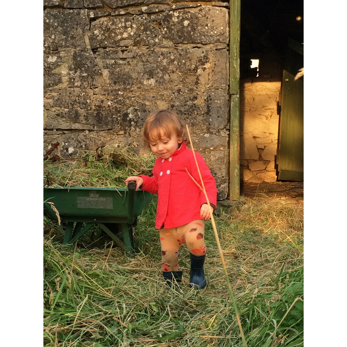 Child in a red coat standing next to a green cart in a rustic outdoor setting.