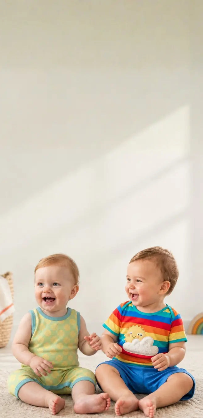 Two babies wearing bright organic baby clothes.