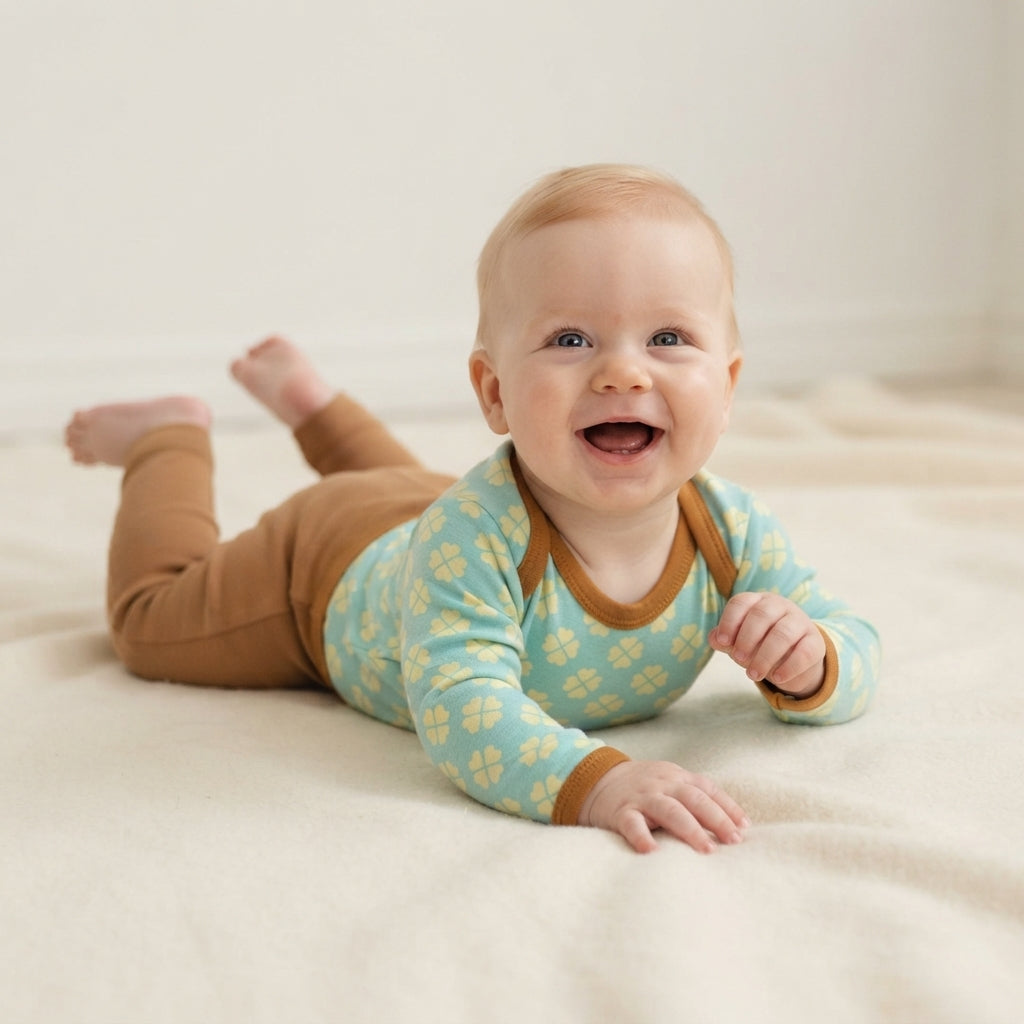 A smiling baby lying on their stomach on a soft cream-colored blanket, wearing a light blue long-sleeve romper with yellow clover patterns and brown trim, paired with brown pants.