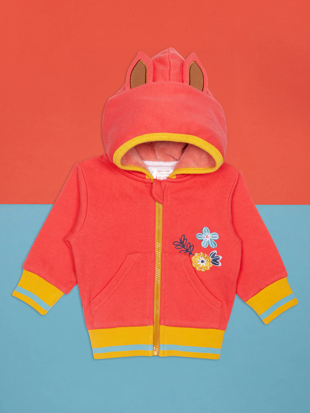 Children's red hoodie with floral design on a two-tone background