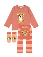 Children's pajama set with leopard design on a white background