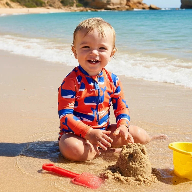 Child playing on a sandy beach wearing bright whale print swimwear from Toby Tiger with a sandcastle and bucket, surrounded by ocean and cliffs.
