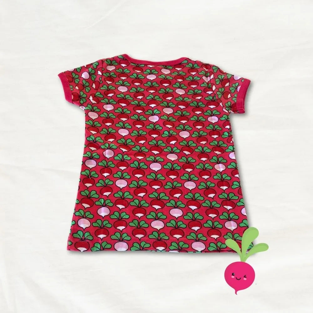 Red t-shirt with green and pink pattern on a white background