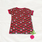 Red t-shirt with green and pink pattern on a white background