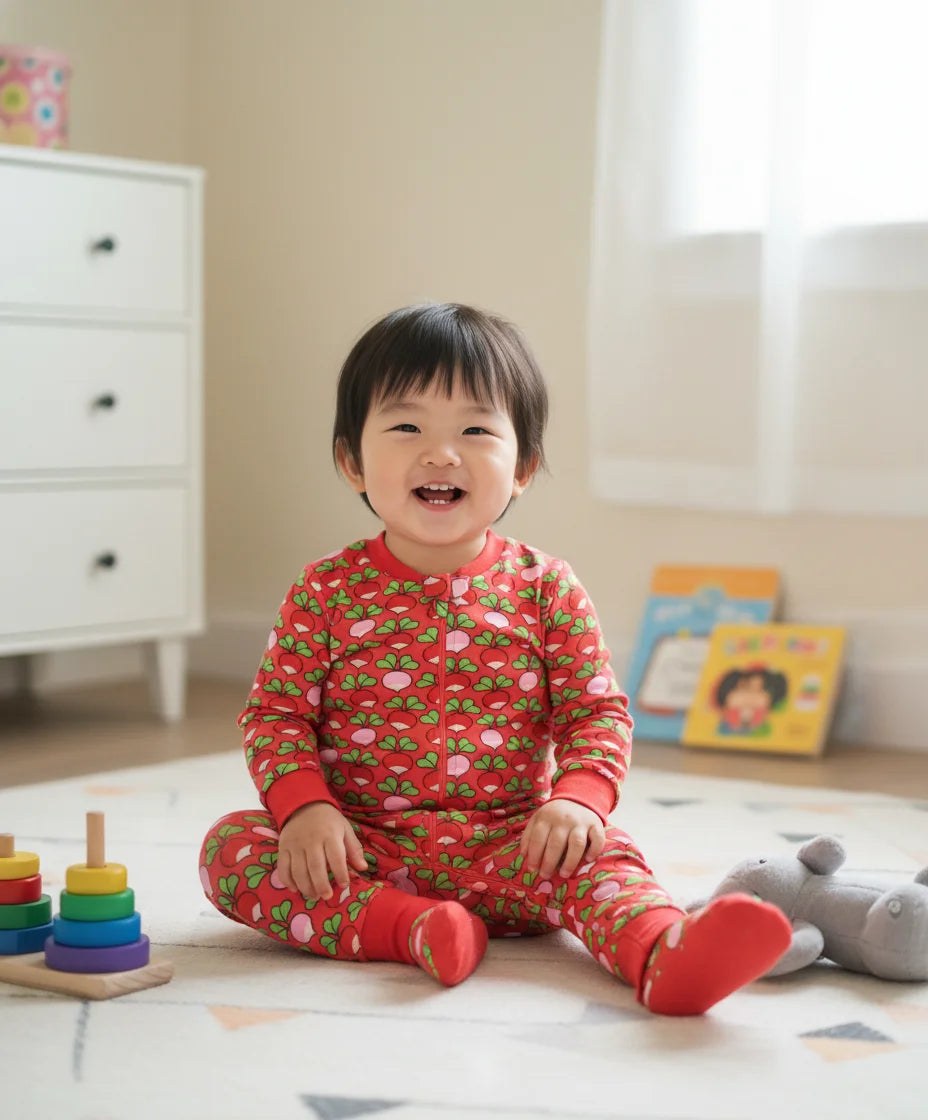 Child in red pajamas with a radish pattern sitting on the floor surrounded by toys and books.