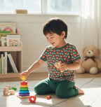Child playing with colorful toys on a wooden floor