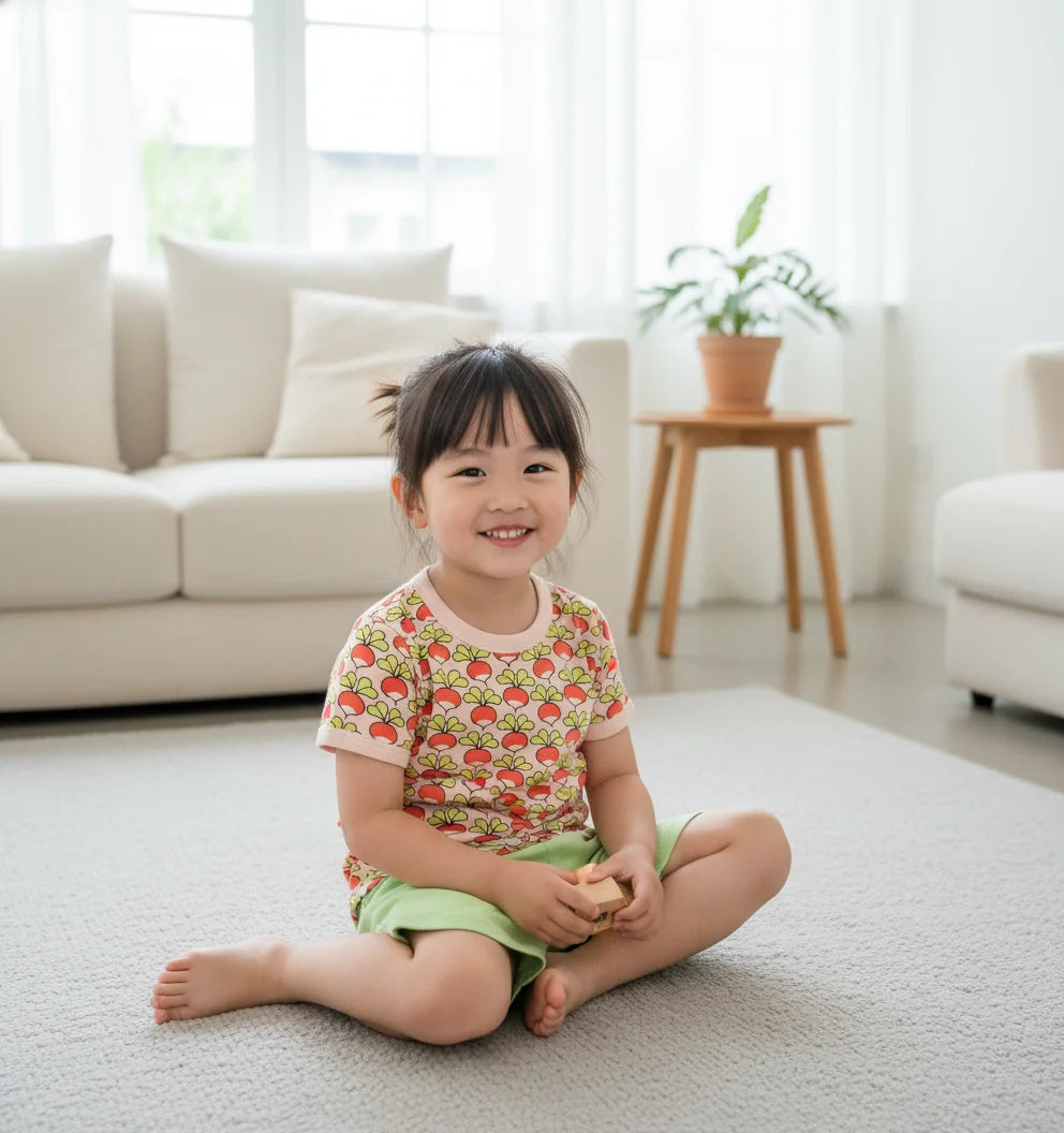 Child sitting on a carpeted floor in a bright living room