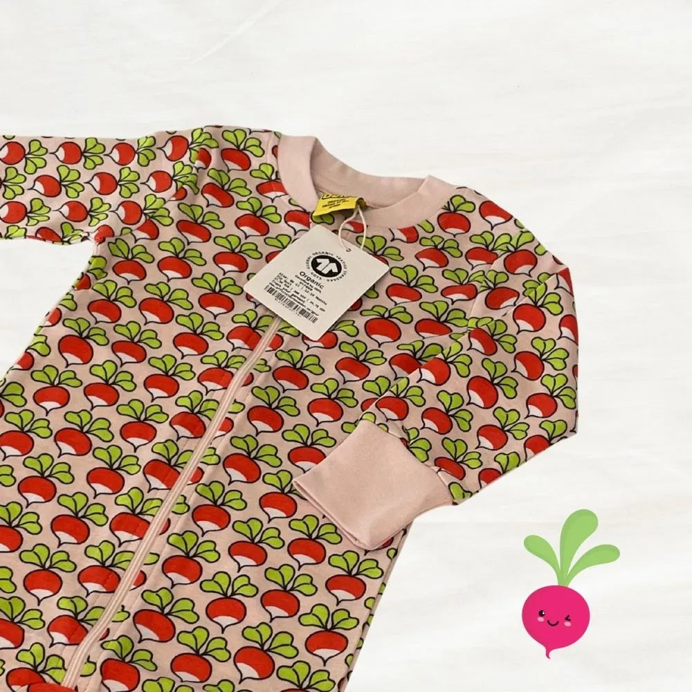 Baby onesie with strawberry pattern on a white background