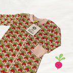 Baby onesie with strawberry pattern on a white background