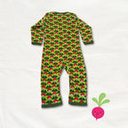 Green baby onesie with red and green pattern on a white background