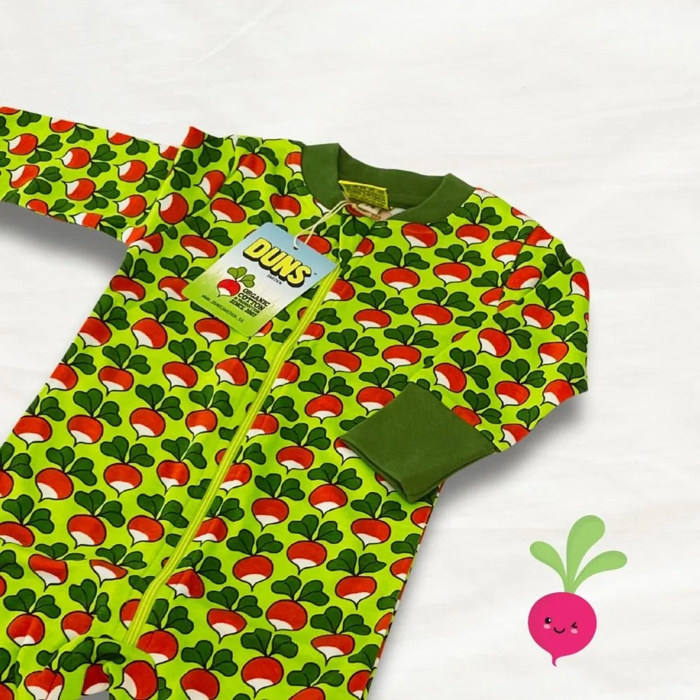 Children's onesie with radish pattern on a white background