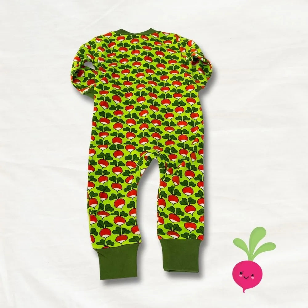 Children's onesie with radish pattern on a white background