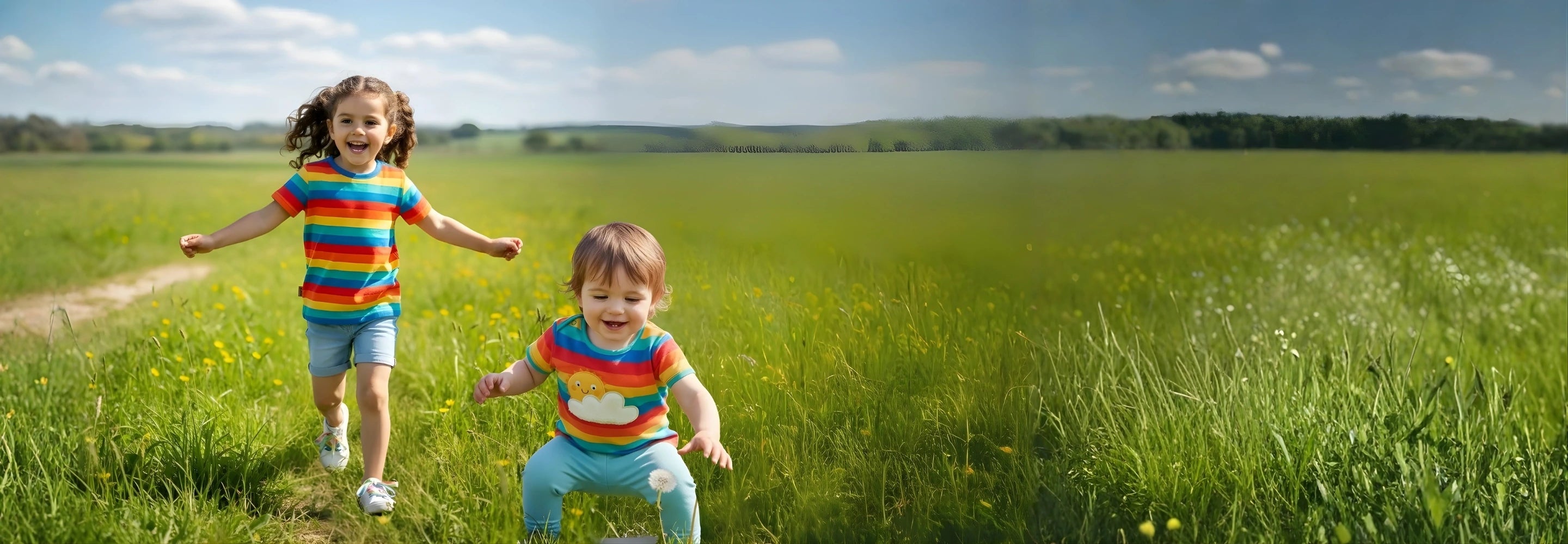 Two children in colorful striped shirts running through a green field with a clear blue sky.