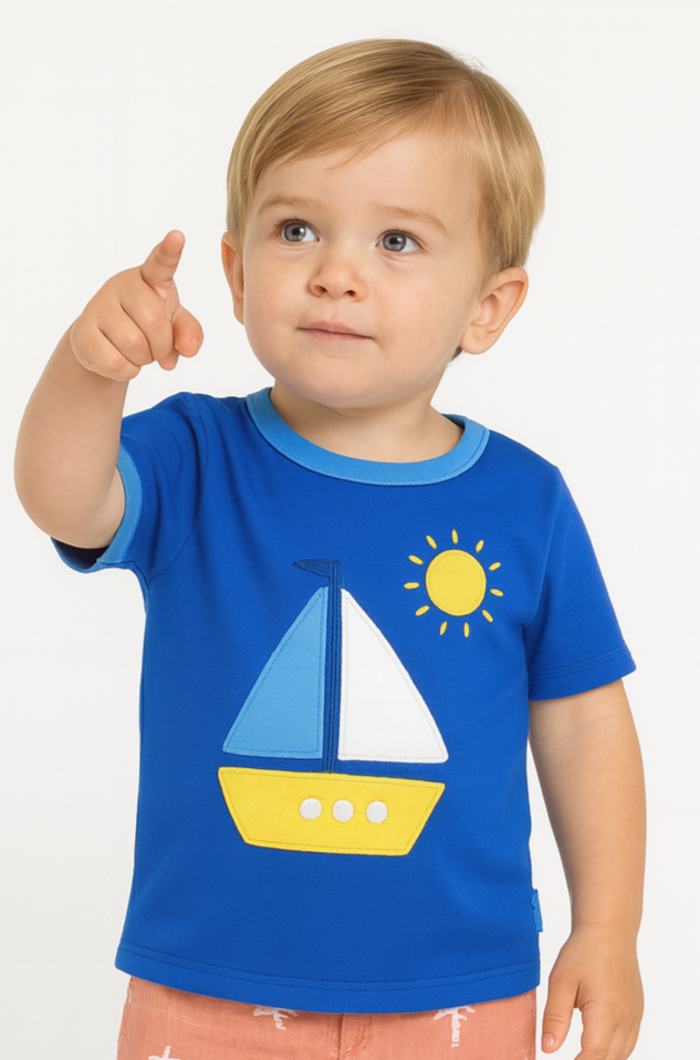 Toby Tiger Organic St Ives Boat Applique Short Sleeved T-Shirt