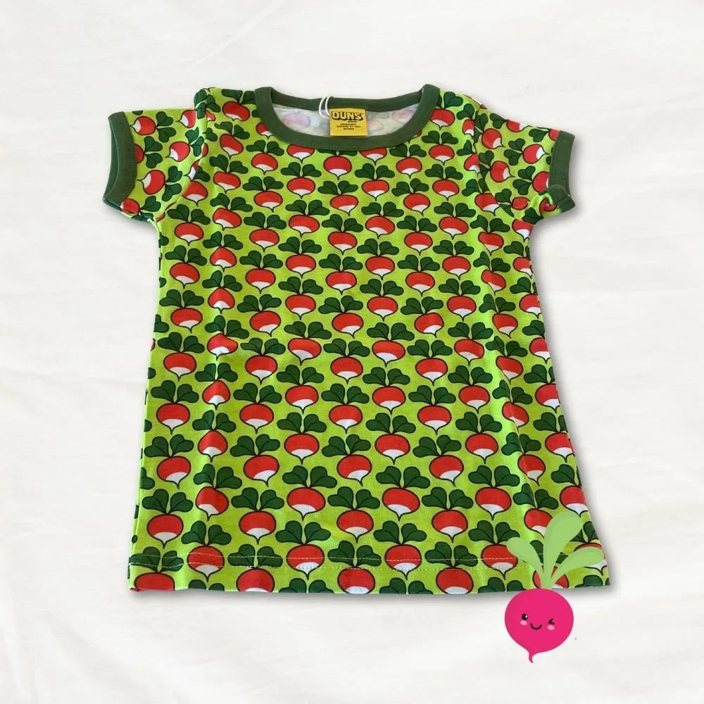 Green t-shirt with red and white mushroom pattern on a white background