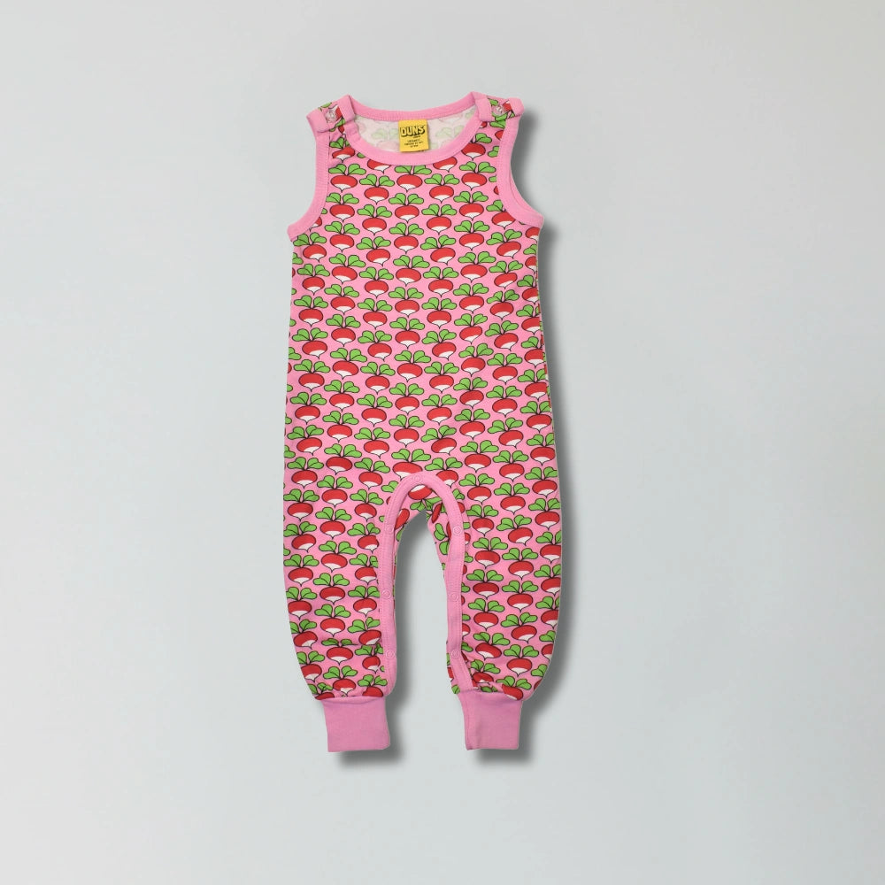 Lilac chiffon radish print organic cotton infant dungarees for babies and toddlers — Baby Goes Retro