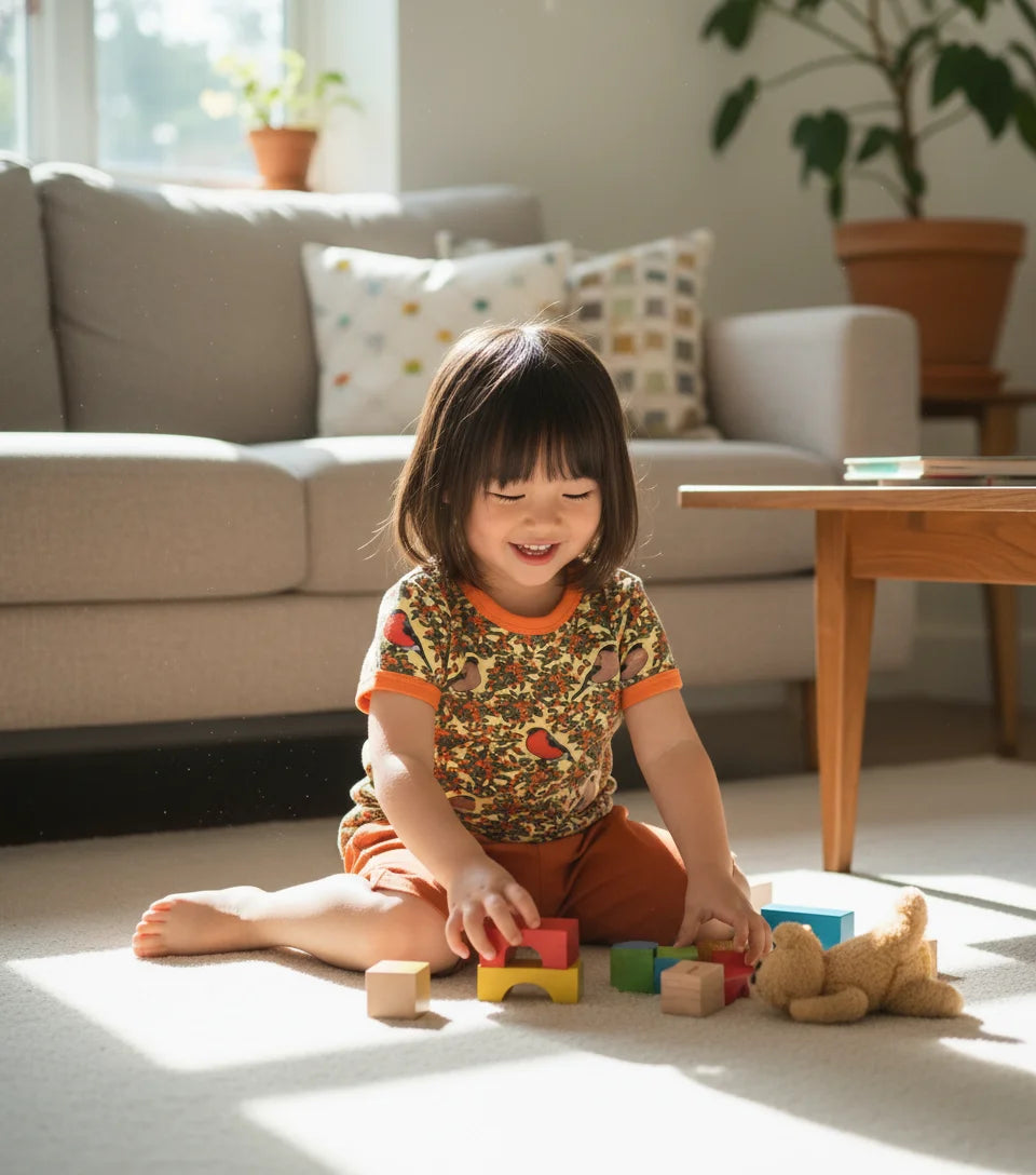 Child playing with colorful blocks on a rug in a living room.
