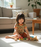 Child playing with colorful blocks on a rug in a living room.