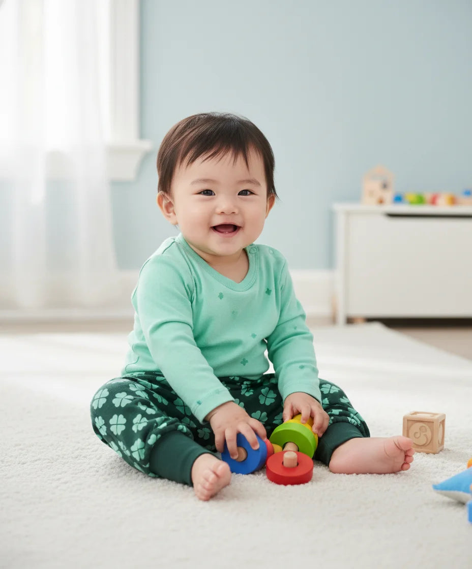 Baby playing with colorful toys on a light-colored floor.