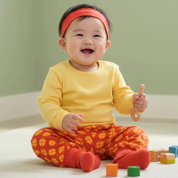 Baby sitting on a light-colored floor with colorful blocks, wearing a yellow shirt and red pants with a headband.