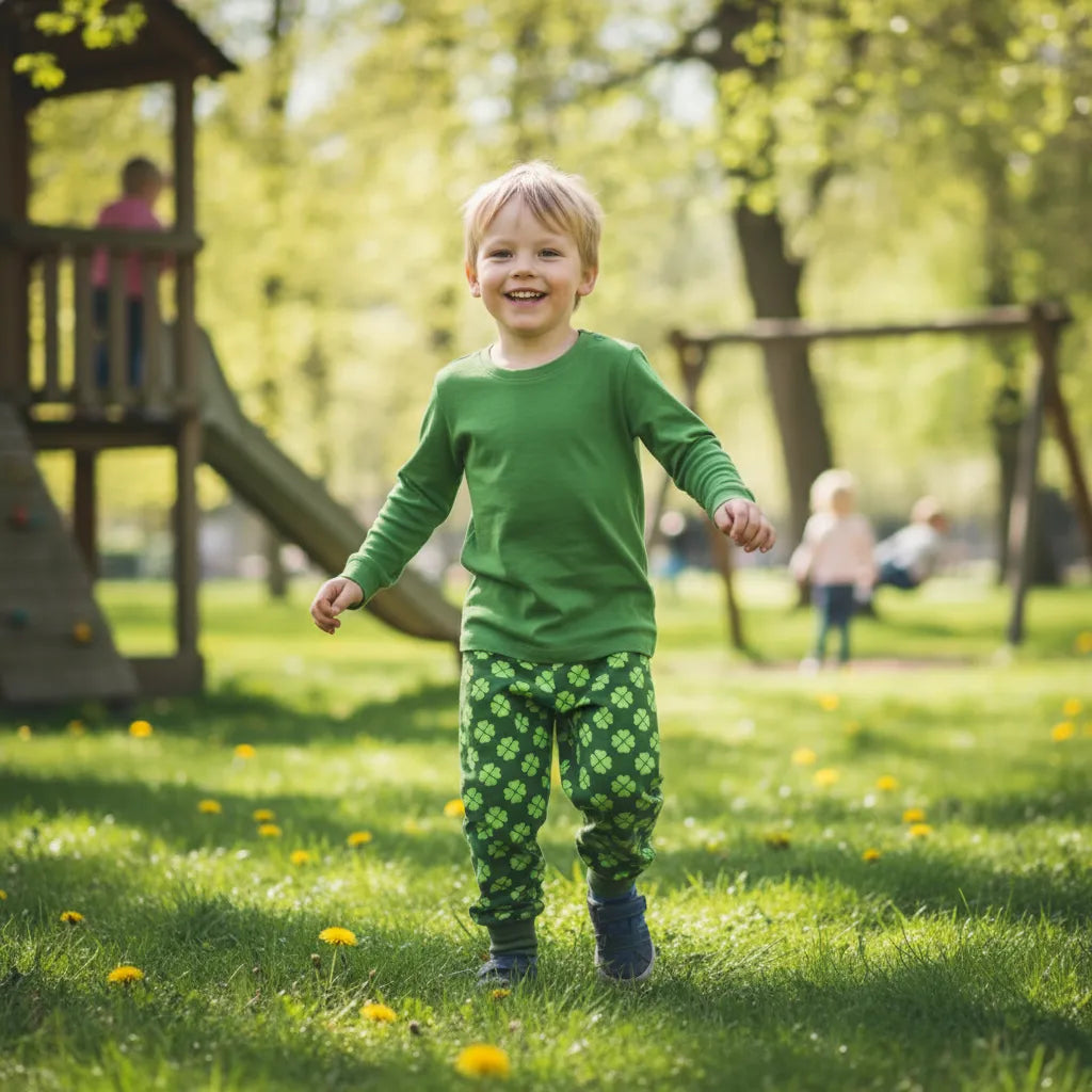 Child in green shirt and patterned pants standing in a park with playground equipment in the background.