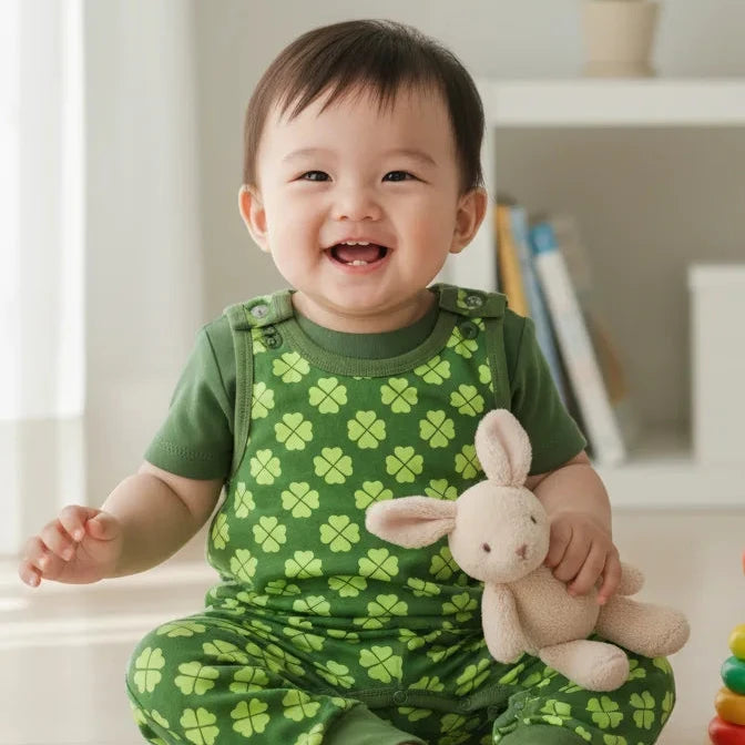 Baby in green patterned outfit holding a plush toy, sitting on a light-colored floor.