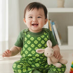 Baby in green patterned outfit holding a plush toy, sitting on a light-colored floor.