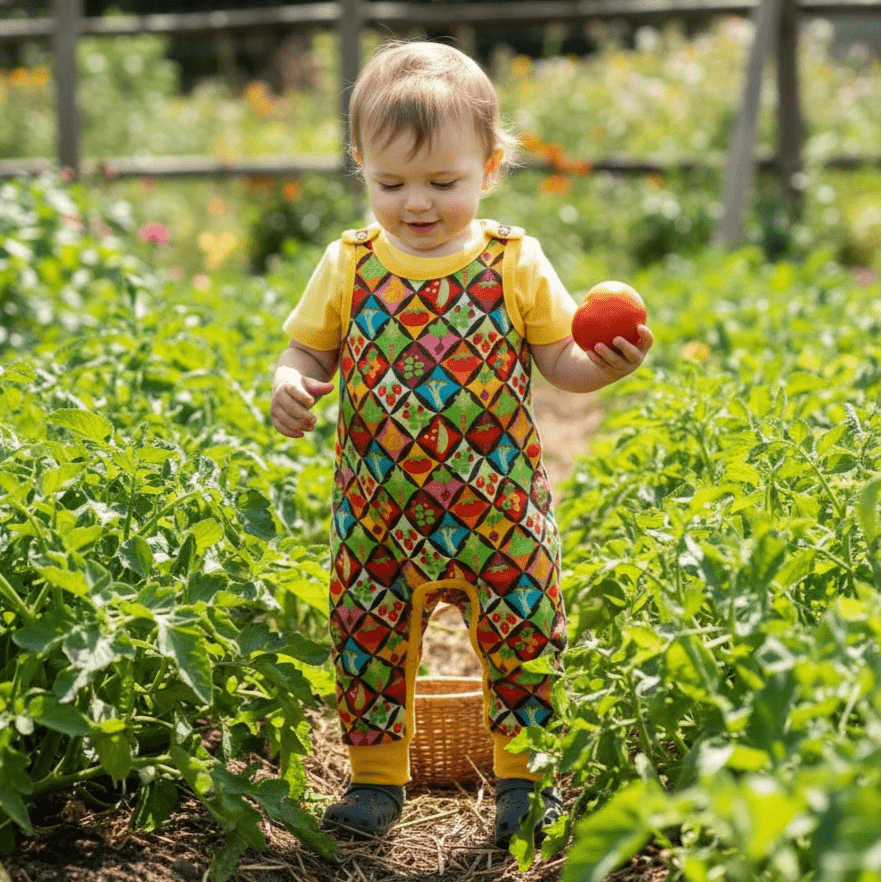 Child in a colorful patterned romper holding a tomato in a garden
