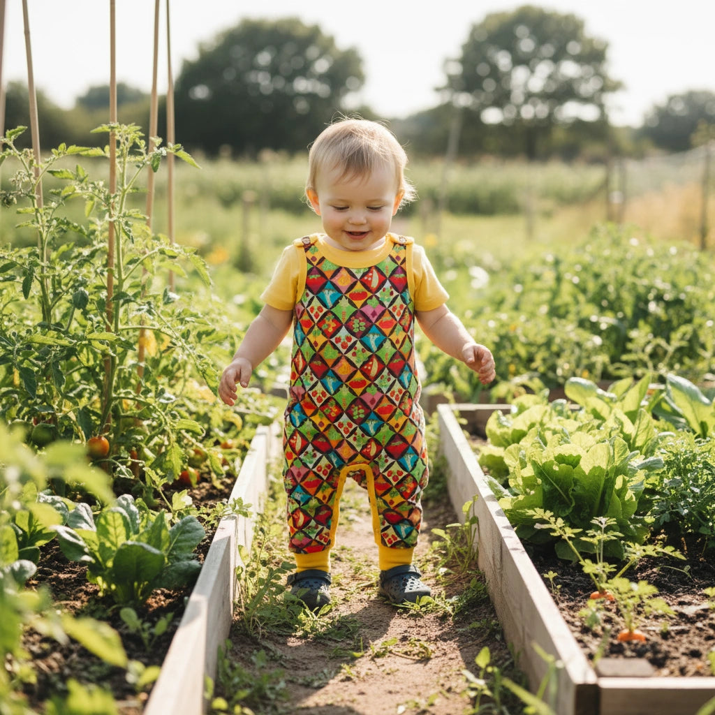 Child in a colorful outfit standing in a garden