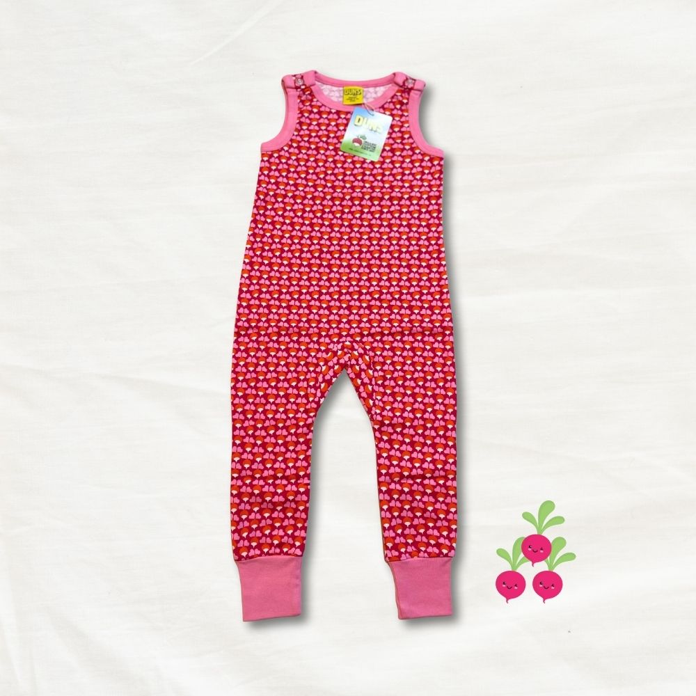 Pink children's dungaree with a radish pattern on a white background