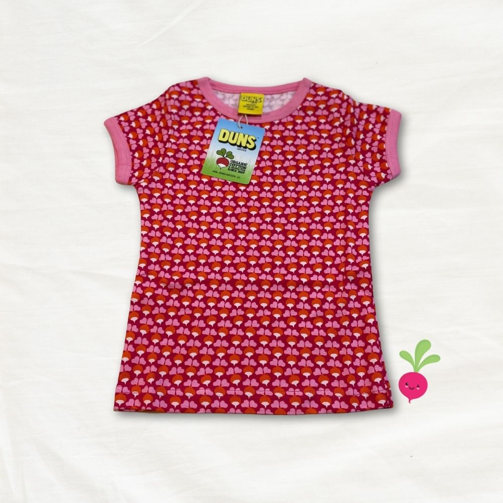 Pink t-shirt with radish pattern and 'DUNS' tag on a white background