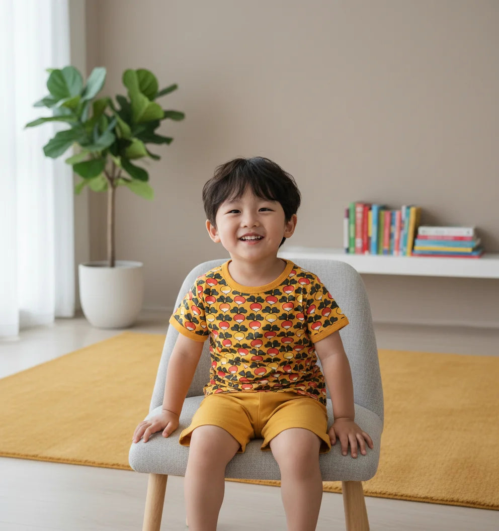 Child sitting on a chair in a room with a plant and books in the background