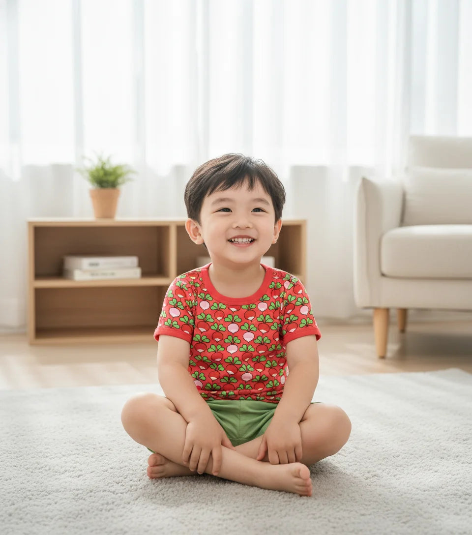Child sitting on a rug in a living room wearing a red shirt with green shorts.