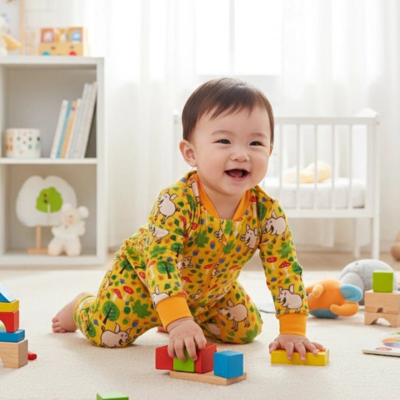 Baby playing with colorful blocks in a bright, child-friendly room.