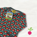 Baby romper with mushroom pattern and DUNS branding on a white background